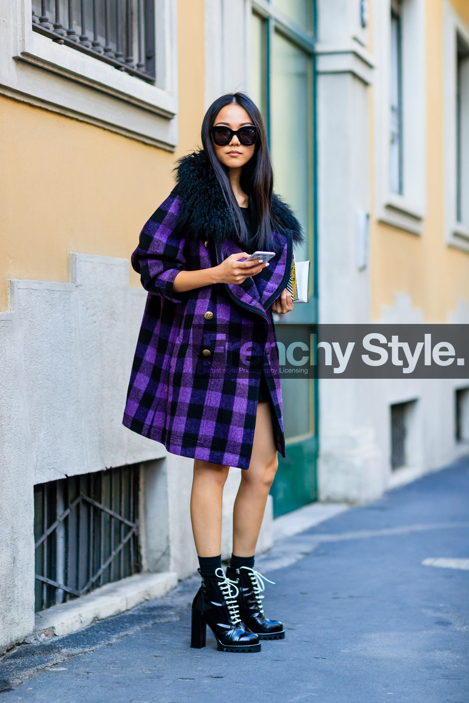 black boots, black fur, checked coat, fashion week, frenchystyle, full length, fur collar, FW, gingham, high heels, jonathan paciullo, leather shoes, MFW, MILAN, plaid, printed coat, purple coat, SPRING SUMMER 2017, SS 17, street style, sunglasses, tartan, vertical, yoyo cao