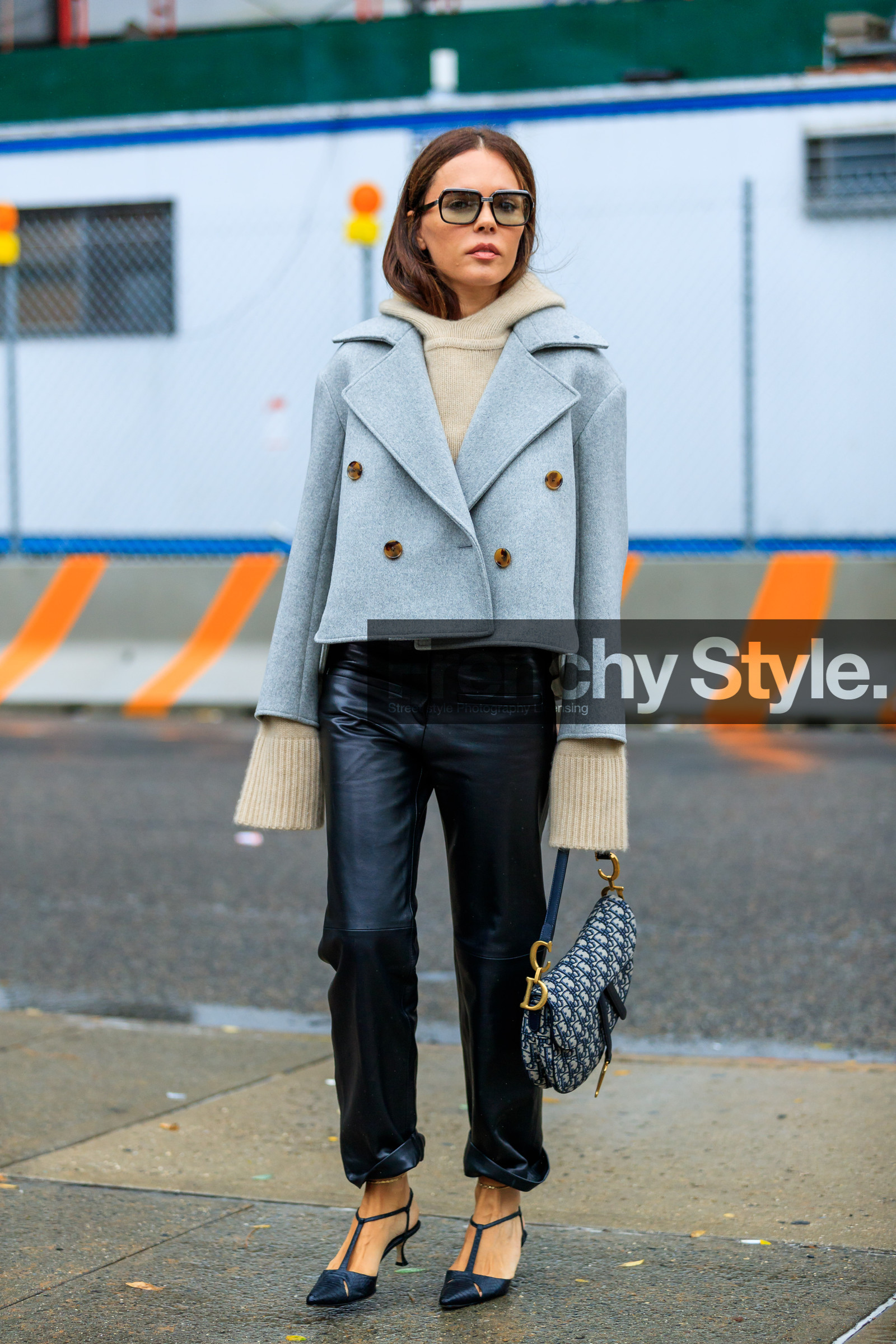 beige sweater, black bag, black pants, black shoes, christian dior, evangelie smyrniotaki, graphic bag, grey jacket, high heels, hood, leather bag, leather pants, leather shoes, monogram, printed bag, saddle bag, sunglasses, trousers, street style, jonathan paciullo, FW, frenchystyle, fashion week, NYFW, NEW YORK, SPRING SUMMER 2019, SS 19, vertical, full length