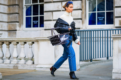 atmosphere details, basket, beige sweater, black jacket, black perfecto, black shoes, blazer, blue denim, chanel, céline, denim pants, fashion week, frenchystyle, full length, FW, graphic bag, high heels, horizontal, irina lakicevic, jeans, jonathan paciullo, leather jacket, leather perfecto, leather shoes, LFW, LONDON, off the shoulder, SPRING SUMMER 2018, SS 18, street style, trousers