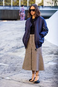beige skirt, black sandals, black sunglasses, black t-shirt, bomber, check, checked skirt, Erika Boldrin, long skirt, navy bomber, printed skirt, sandals, skirt, split, splited skirt, statement sandals, sunglasses, fashion week, frenchystyle, FW, jonathan paciullo, street style, PFW, PARIS, SPRING SUMMER 2022, SS 22, vertical, full length
