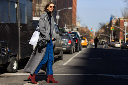alana zimmer, atmosphere details, AUTUMN WINTER 2016-2017, AW 16-17, black bag, black belt, black turtleneck, blue denim, blue sweater, denim pants, FALL WINTER 2016-2017, fashion week, frenchystyle, full length, FW, FW 16-17, grey coat, gucci, horizontal, jeans, jonathan paciullo, leather bag, leather belt, long coat, model, NEW YORK, NYFW, red boots, street style, suede shoes, sunglasses, trousers, woman