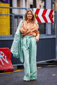 bag, belted pants, blazer, check, checked bag, checked shirt, color, Emili Sindlev, flare pants, fluid pants, green bag, lanvin look, mint blazer, mint pants, pants, printed shirt, shirt, fashion week, frenchystyle, FW, jonathan paciullo, street style, PFW, PARIS, SPRING SUMMER 2022, SS 22, vertical, full length