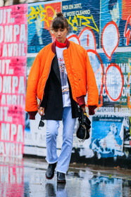 AUTUMN WINTER 2017-2018, AW 17-18, black bag, black jacket, black shoes, blazer, blue denim, bomber jacket, bun, denim pants, FALL WINTER 2017-2018, fashion week, frenchystyle, full length, FW, FW 17-18, jeans, jonathan paciullo, leather bag, leather shoes, orange jacket, over the shoulder, PARIS, PFW, printed t shirt, street style, trousers, vertical, white t shirt