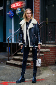model, Maartje Verhoef, black leather bombers, black leather coat, white coat, fur coat, black leather shirt, black leather boots, flat boots, chelsea boots, black jeans, leather strap bag, white leather bag, embroidered bag, geometrical printed bag, proenza schouler bag, fashion week, frenchystyle, FW, jonathan paciullo, street style, NYFW, NEW YORK, AUTUMN WINTER 2020-2021, FALL WINTER 2020-2021, FW 20-21, vertical, full length