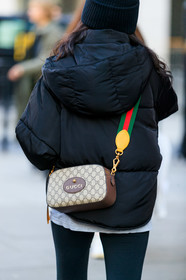 black beanie, black jacket, brown bag, down jacket, graphic bag, gucci, hood, leather bag, monogram, printed bag, trousers, street style, jonathan paciullo, FW, frenchystyle, fashion week, LFW, LONDON, AUTUMN WINTER 2019-2020, AW 19-20, FW 19-20, FALL WINTER 2019-2020, vertical, atmosphere details, detail