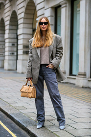 beige bag, blazer, brown sweater, chanel handbag, grey jacket, grey pants, grey shoes, leather bag, leather shoes, pernille teisbaek, sunglasses, trousers, street style, jonathan paciullo, FW, frenchystyle, fashion week, LFW, LONDON, AUTUMN WINTER 2019-2020, AW 19-20, FW 19-20, FALL WINTER 2019-2020, vertical, full length