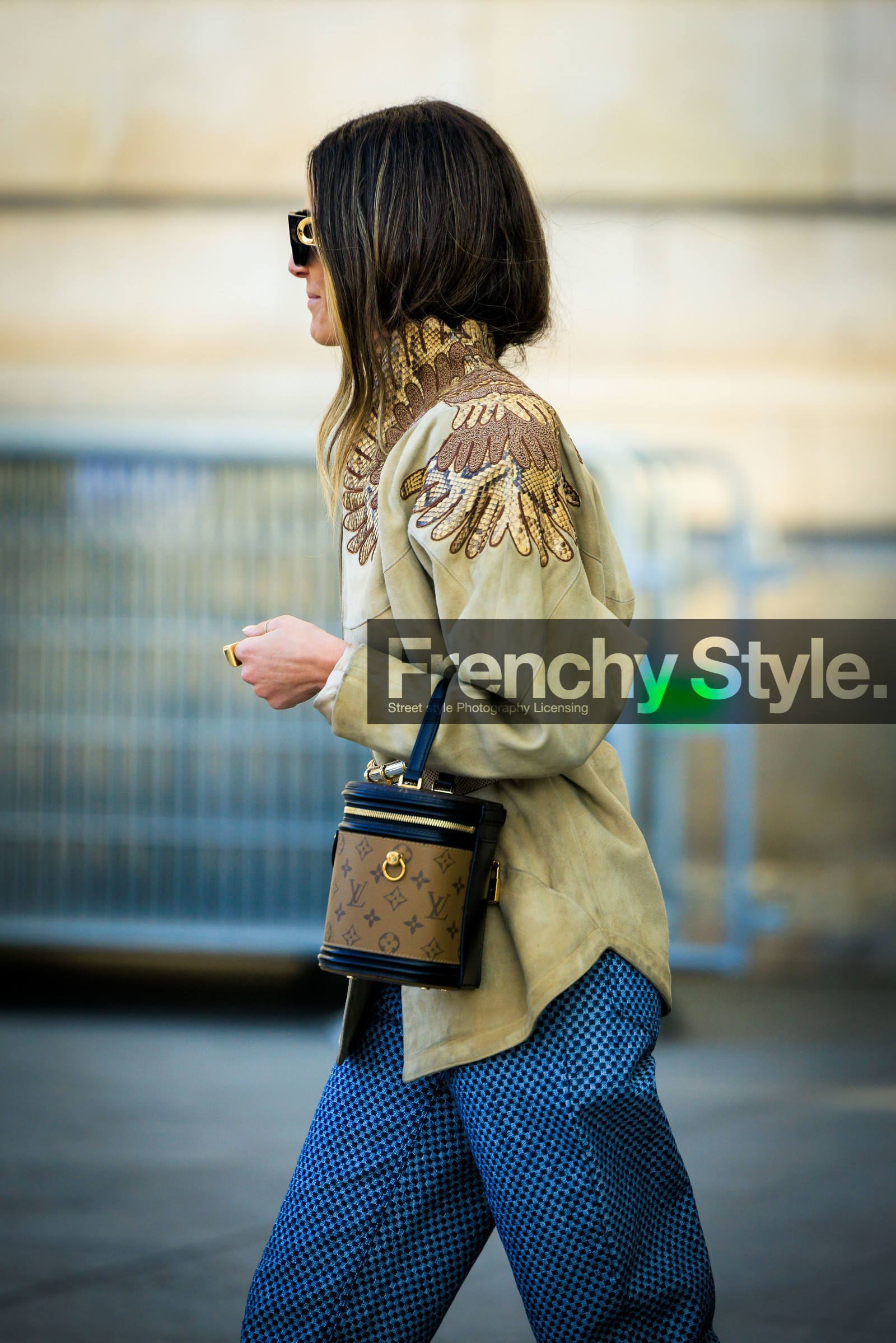 louis vuitton, black sunglasses, embroidered jacket, pistachio green blazer, bucket bag, louis vuitton bag, chess pants, blue pants, gold ring, profile, close up, street style, jonathan paciullo, FW, frenchystyle, fashion week, AUTUMN WINTER 2022-2023, FALL WINTER 2022_2023, FW 22-23, PFW, PARIS, vertical, detail