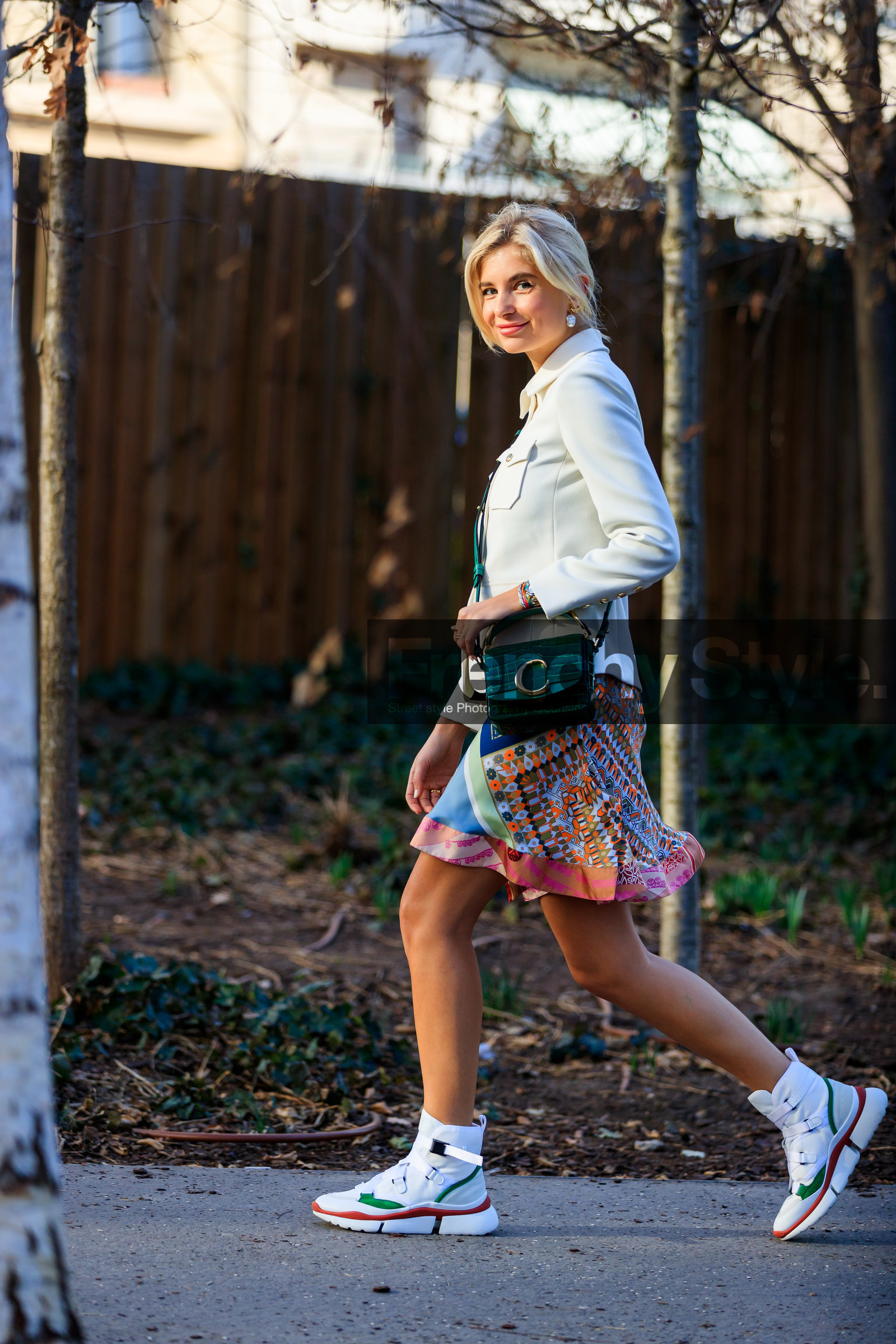 chloé, earrings, graphic skirt, green bag, leather bag, leather shoes, multicolor skirt, printed skirt, white jacket, white shoes, xenia tchoumi, xnenia adonts, PARIS, PFW, street style, jonathan paciullo, FW, frenchystyle, fashion week, AUTUMN WINTER 2019-2020, AW 19-20, FALL WINTER 2019-2020, FW 19-20, vertical, full length
