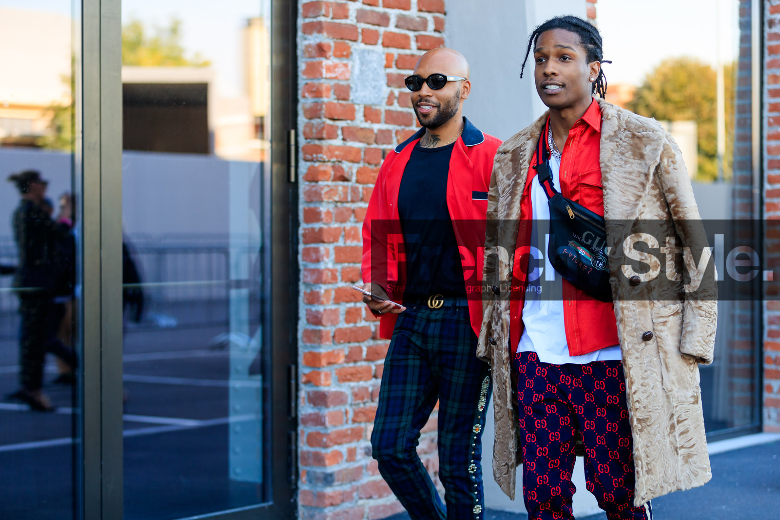 asap rocky, atmosphere details, black bag, blue pants, brown fur, detail, fanny pack, fashion week, frenchystyle, fur jacket, FW, graphic bag, graphic pants, gucci, horizontal, jonathan paciullo, leather bag, MFW, MILAN, printed bag, printed pants, red jacket, SPRING SUMMER 2018, SS 18, street style, trousers, white t shirt