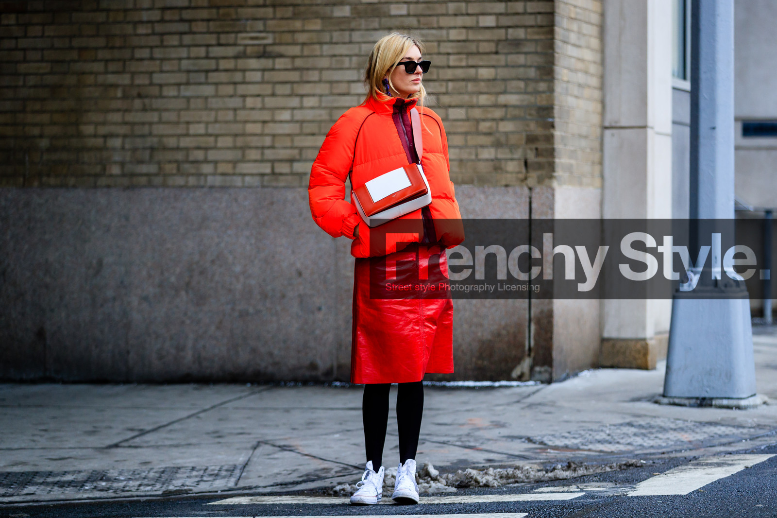 atmosphere details, AUTUMN WINTER 2017-2018, AW 17-18, camille charriere, converse, céline, down jacket, FALL WINTER 2017-2018, fashion week, frenchystyle, full length, FW, FW 17-18, graphic bag, horizontal, jonathan paciullo, leather bag, leather skirt, NEW YORK, NYFW, printed bag, red bag, red jacket, red skirt, street style, sunglasses, tights, white sneakers
