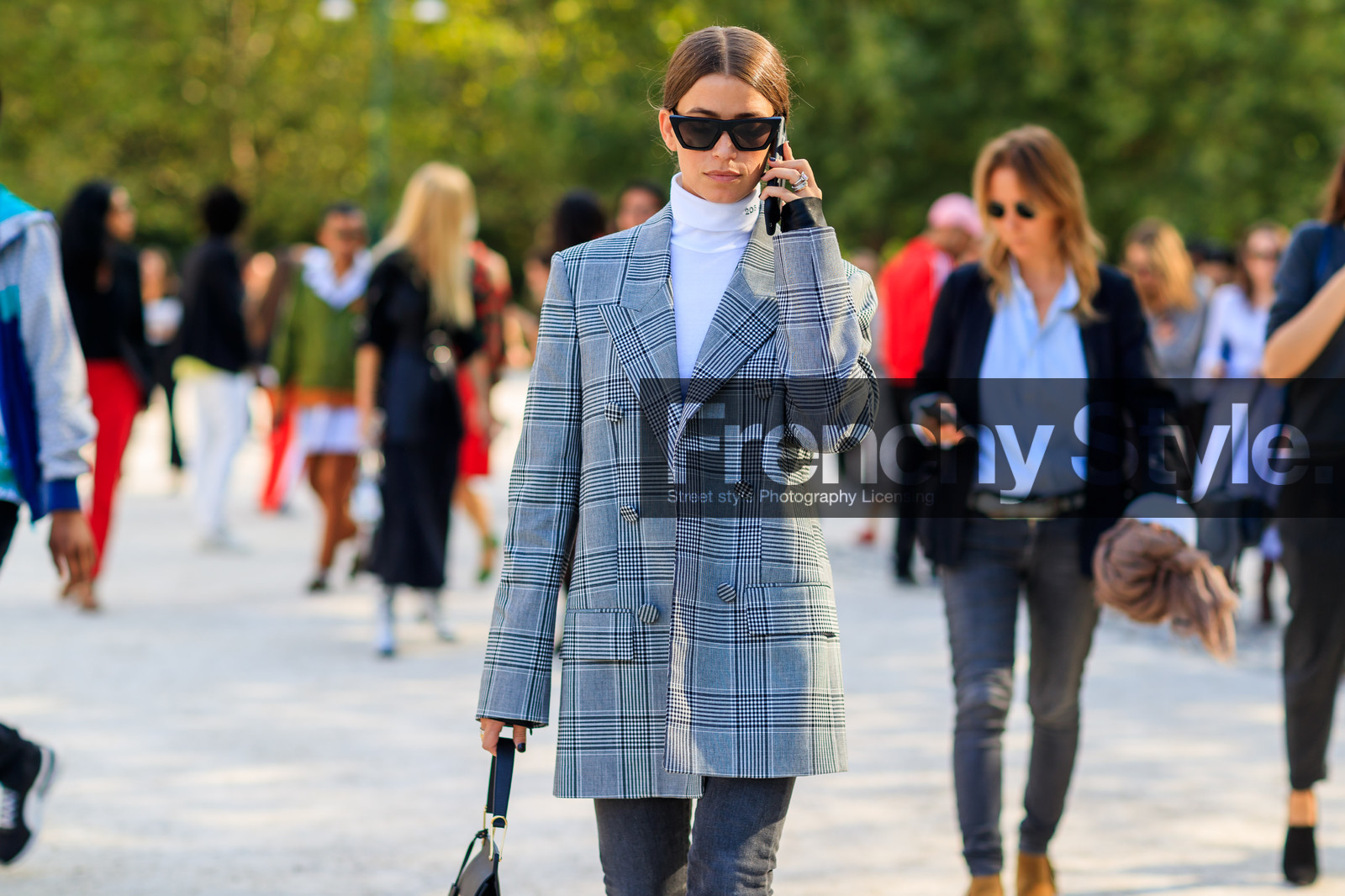 amanda weiner, atmosphere details, blazer, checked jacket, detail, fashion week, frenchystyle, FW, graphic jacket, grey jacket, horizontal, jonathan paciullo, MFW, MILAN, plaid, printed jacket, SPRING SUMMER 2018, SS 18, street style, sunglasses, trousers, turtleneck sweater, white sweater