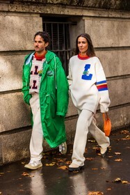 Alice Barbier, bag, beige jumper, beige knitwear, color, couple, duo, green raincoat, Jean-Sebastien Roques, jumper, knitwear, lacoste look, logo, menswear, orange bag, pants, raincoat, sneakers, white jumper, white knitwear, white pants, lacoste, fashion week, frenchystyle, FW, jonathan paciullo, street style, PFW, PARIS, SPRING SUMMER 2022, SS 22, vertical, full length