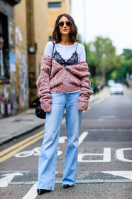 black bag, black bra, blue denim, chanel, choker, denim pants, fashion week, frenchystyle, full length, FW, jeans, jonathan paciullo, lace, leather bag, LFW, lingerie, LONDON, necklace, pink cardigan, pink sweater, ray ban, soraya bakhtiar, SPRING SUMMER 2017, SS 17, street style, sunglasses, trousers, vertical, white t shirt, woman