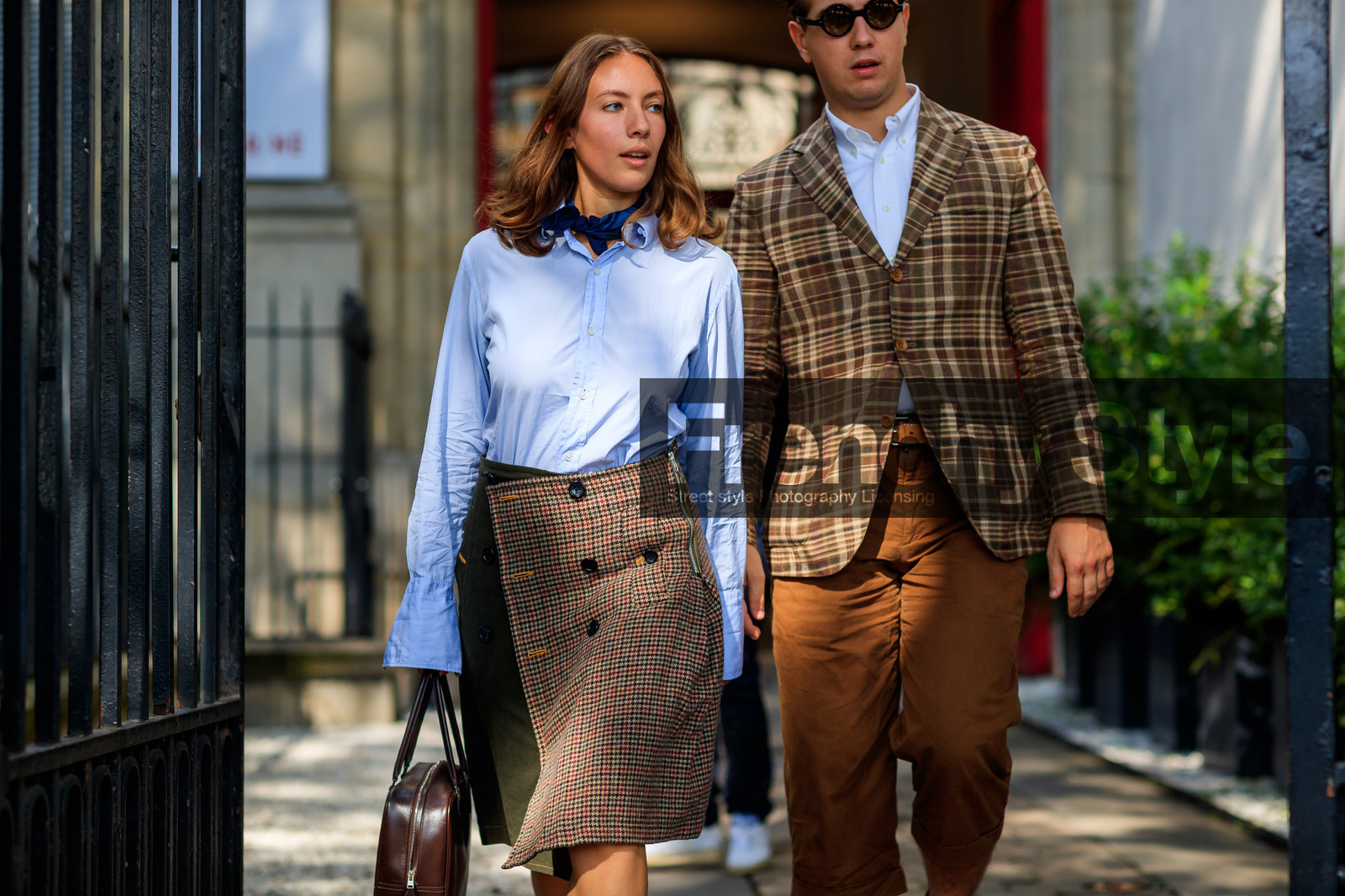 atmosphere details, blazer, blue scarf, blue shirt, brown bag, brown jacket, brown pants, brown skirt, checked jacket, detail, fashion week, frenchystyle, FW, graphic jacket, horizontal, jonathan paciullo, leather bag, PARIS, PFW, plaid, printed jacket, SPRING SUMMER 2018, SS 18, street style, sunglasses, trousers, white shirt