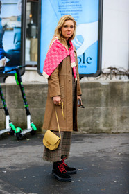 black shoes, brown coat, checked, céline, earrings, graphic skirt, gucci, leather bag, leather shoes, pink sweater, plaid, printed skirt, yellow bag, PARIS, PFW, street style, jonathan paciullo, FW, frenchystyle, fashion week, AUTUMN WINTER 2019-2020, AW 19-20, FALL WINTER 2019-2020, FW 19-20, vertical, full length