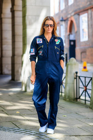 blue jumpsuit, fashion week, frenchystyle, full length, FW, jonathan paciullo, leather shoes, LFW, LONDON, SPRING SUMMER 2018, SS 18, street style, trousers, vertical, white sneakers