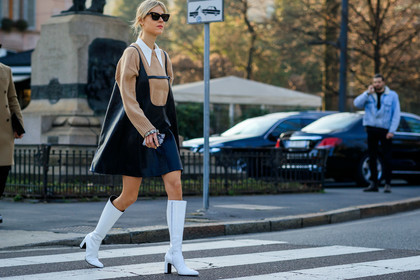 black dress, camel sweater, high boots, high heels, leather dress, leather shoes, linda tol, sunglasses, white shoes, MILAN, MFW, fashion week, frenchystyle, FW, jonathan paciullo, street style, AUTUMN WINTER 2019-2020, AW 19-20, FALL WINTER 2019-2020, FW 19-20, atmosphere details, full length, horizontal