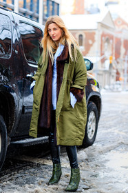 ada kokosar, AUTUMN WINTER 2017-2018, AW 17-18, black pants, blue shirt, brown coat, brown fur, FALL WINTER 2017-2018, fashion week, frenchystyle, full length, Fur coat, FW, FW 17-18, green boots, green coat, high heels, jonathan paciullo, leather pants, NEW YORK, NYFW, snake print, street style, trousers, vertical, vinyl