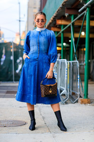 balenciaga, black shoes, blue denim, brown bag, denim dress, earrings, graphic bag, high heels, leather bag, leather shoes, louis vuitton, monogram, printed bag, sunglasses, street style, jonathan paciullo, FW, frenchystyle, fashion week, NYFW, NEW YORK, AUTUMN WINTER 2018-2019, AW 18-19, FALL WINTER 2018-2019, FW 18-19, vertical, full length, carola bernard, danielle bernstein