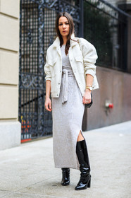 AUTUMN WINTER 2016-2017, AW 16-17, belted dress, black boots, fashion week, frenchystyle, full length, FW, FW 16-17, high boots, high heels, jonathan paciullo, long dress, NEW YORK, nude dress, NYFW, street style, varnished leather shoes, vertical, white jacket, woman, wool dress, wool jacket