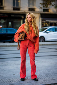 bag, Blanca Miro, color, corduroy jacket, corduroy pants, jacket, monochrome, orange bag, orange jacket, orange monochrome, orange pants, pants, street style, jonathan paciullo, FW, frenchystyle, fashion week, PFW, PARIS, SPRING SUMMER 2022, SS 22, vertical, full length