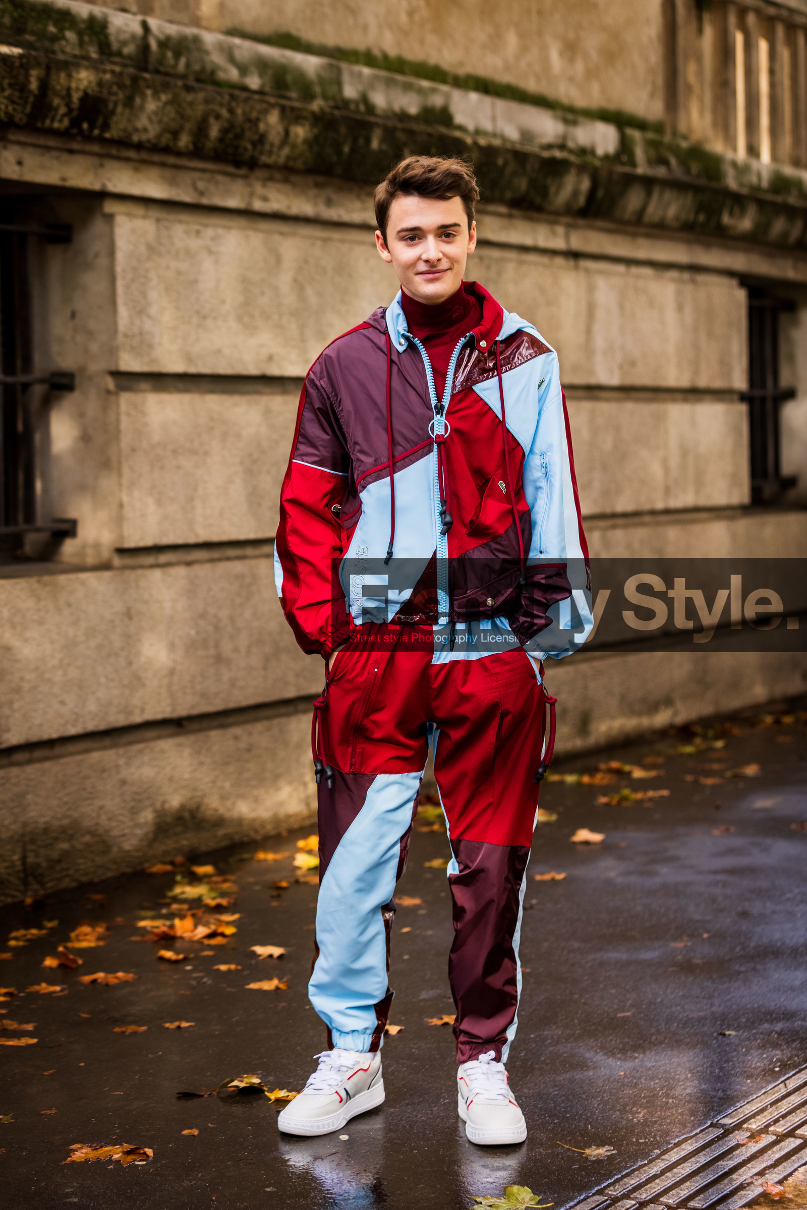 blue jacket, blue pants, burgundy jacket, burgundy pants, color, jogging pants, menswear, Noah Schnapp, print, red jacket, red pants, sneakers, tracksuits, white sneakers, zipped jacket, lacoste, fashion week, frenchystyle, FW, jonathan paciullo, street style, PFW, PARIS, SPRING SUMMER 2022, SS 22, vertical, full length