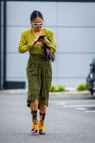 balenciaga boots, boots, color, dress, floral print, flower, green dress, multicolor, orange boots, print, printed dress, sunglasses, white sunglasses, yellow dress, PARIS, PFW, fashion week, frenchystyle, FW, jonathan paciullo, street style, SPRING SUMMER 2022, SS 22, vertical, full length