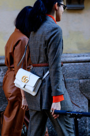 blazer, brown belt, caroline issa, checked, graphic jacket, graphic pants, grey jacket, gucci, leather bag, leather belt, plaid, printed jacket, printed pants, trousers, white bag, MILAN, MFW, fashion week, frenchystyle, FW, jonathan paciullo, street style, AUTUMN WINTER 2019-2020, AW 19-20, FALL WINTER 2019-2020, FW 19-20, vertical, full length