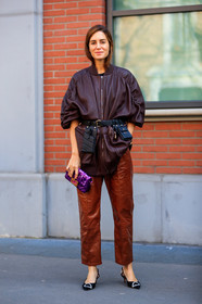 black bag, black shoes, brown jacket, fanny pack, fendi, gala gonzalez, glitter, graphic bag, leather bag, leather jacket, leather shoes, printed bag, purple bag, red pants, sequined bag, shiny bag, trousers, MILAN, MFW, fashion week, frenchystyle, FW, jonathan paciullo, street style, AUTUMN WINTER 2019-2020, AW 19-20, FALL WINTER 2019-2020, FW 19-20, vertical, full length