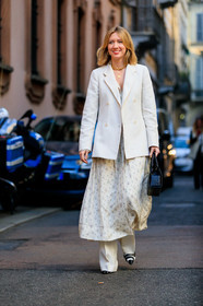 black and white shoes, black bag, blazer, graphic skirt, leather bag, lisa aiken, printed skirt, white dress, white jacket, white pants, MILAN, MFW, fashion week, frenchystyle, FW, jonathan paciullo, street style, AUTUMN WINTER 2019-2020, AW 19-20, FALL WINTER 2019-2020, FW 19-20, vertical, full length