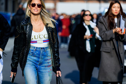 black jacket, blue denim, chains, denim pants, gucci, jeans, leather jacket, printed t shirt, studs, sunglasses, trousers, white t shirt, fashion week, frenchystyle, FW, jonathan paciullo, street style, MFW, MILAN, AUTUMN WINTER 2018-2019, FALL WINTER 2018-2019, FW 18-19, horizontal, atmosphere details, helena bordon