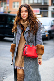 beige sweater, brown fur, camel boots, camel dress, fendi, grey coat, high boots, knit dress, leather bag, red bag, street style, jonathan paciullo, FW, frenchystyle, fashion week, NYFW, NEW YORK, AUTUMN WINTER 2018-2019, AW 18-19, FALL WINTER 2018-2019, FW 18-19, vertical, atmosphere details, detail, tamara kalinic