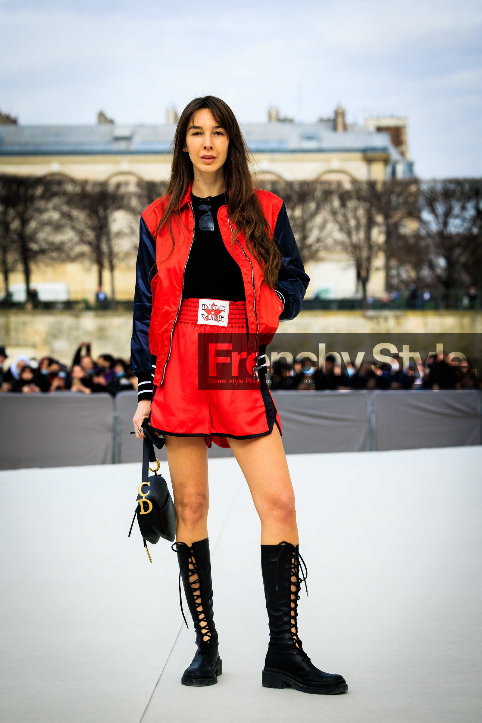 red boxing shorts, red jacket, black shirt, black laced boots, leather boots, saddle bag, black bag, dior handbag, estelle pigault, fashion week, frenchystyle, FW, jonathan paciullo, street style, AUTUMN WINTER 2022-2023, FALL WINTER 2022_2023, FW 22-23, PFW, PARIS, vertical, full length
