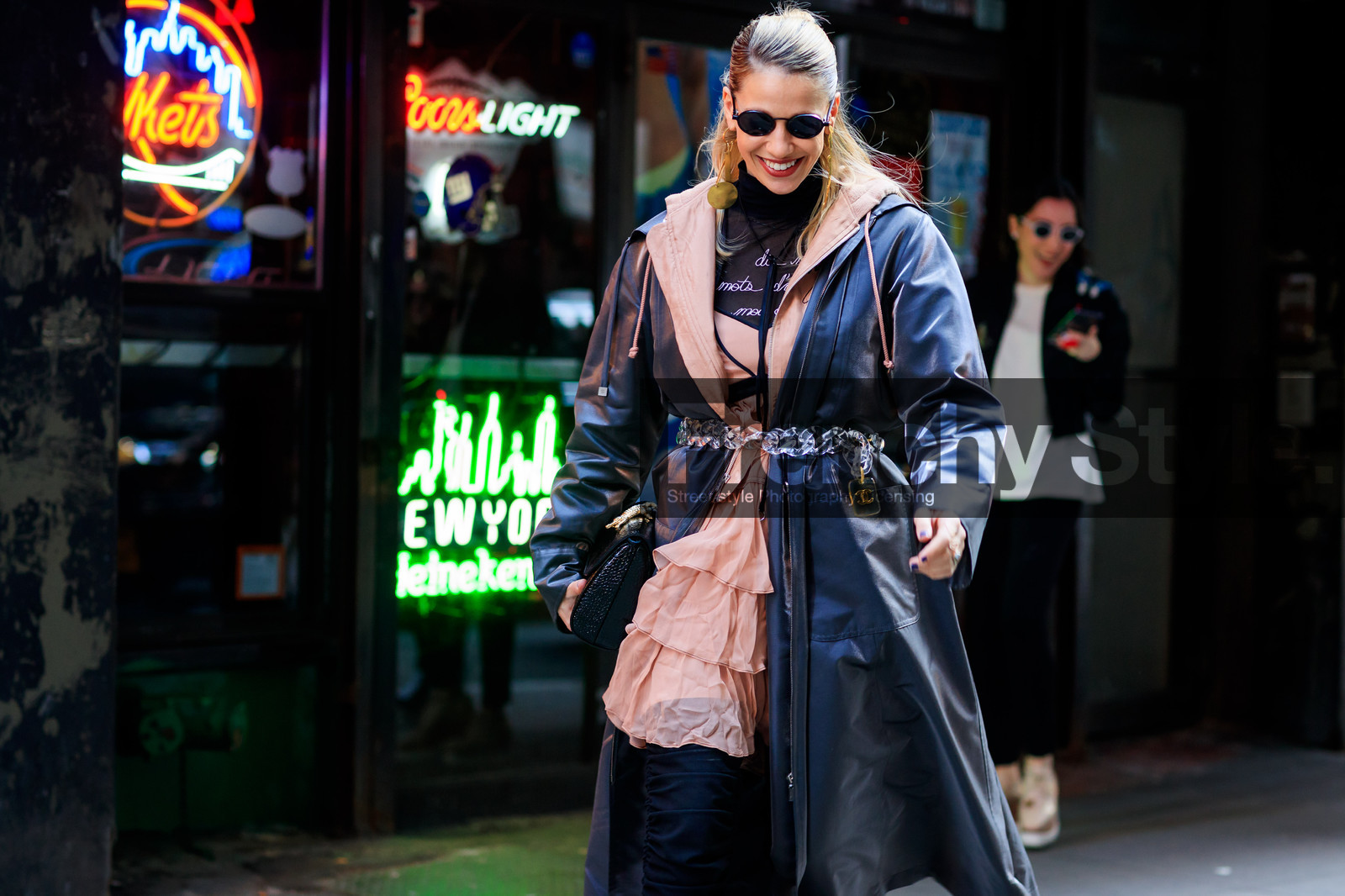 belt, black turtleneck, chanel, earrings, leather bag, leather coat, pink dress, ruffles, sunglasses, trousers, street style, jonathan paciullo, FW, frenchystyle, fashion week, NYFW, NEW YORK, AUTUMN WINTER 2018-2019, AW 18-19, FALL WINTER 2018-2019, FW 18-19, atmosphere details, horizontal, detail