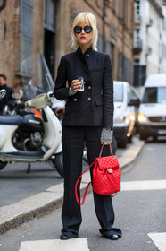 AUTUMN WINTER 2016-2017, AW 16-17, black jacket, black pants, black suit, blazer, chanel, FALL WINTER 2016-2017, fashion week, frenchystyle, full length, FW, FW 16-17, jonathan paciullo, leather backpack, LFW, linda tol, LONDON, MENSWEAR, red bag, red lips, street style, striped t shirt, sunglasses, trousers, vertical