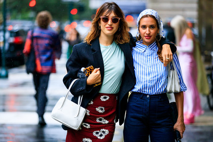 black jacket, blazer, blue denim, blue shirt, blue t shirt, denim pants, flowers, graphic shirt, graphic skirt, headscarf, jeanne damas, jeans, leather bag, polka dot, printed shirt, printed skirt, red skirt, striped shirt, sunglasses, trousers, white bag, white scarf, street style, jonathan paciullo, FW, frenchystyle, fashion week, NYFW, NEW YORK, SPRING SUMMER 2019, SS 19, atmosphere details, horizontal, detail