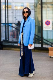 blazer, blue dress, blue jacket, chloé, leather shoes, sunglasses, white belt, white shoes, yoyo cao, PARIS, PFW, street style, jonathan paciullo, FW, frenchystyle, fashion week, AUTUMN WINTER 2019-2020, AW 19-20, FALL WINTER 2019-2020, FW 19-20, vertical, full length