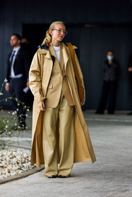 Alex Carl, bag, beige bag, beige blazer, beige coat, beige pants, blazer, coat, flare pants, glasses, leather pants, long coat, pants, PARIS, PFW, fashion week, frenchystyle, FW, jonathan paciullo, street style, SPRING SUMMER 2022, SS 22, vertical, full length