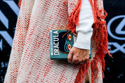 atmosphere details, AUTUMN WINTER 2017-2018, AW 17-18, detail, embroidered bag, FALL WINTER 2017-2018, fashion week, frenchystyle, FW, FW 17-18, graphic bag, horizontal, jonathan paciullo, laure heriard dubreuil, NEW YORK, NYFW, olympia le tan, printed bag, red dress, street style, white sweater