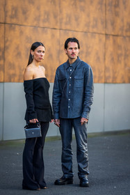 Alice Barbier, ami bag, bag, black derbies, black pants, chain bag, couple, derbies, duo, grey pants, grey shirt, Jean-Sebastien Roques, menswear, off shoulder top, pants, shirt, top, street style, jonathan paciullo, FW, frenchystyle, fashion week, PFW, PARIS, SPRING SUMMER 2022, SS 22, vertical, full length