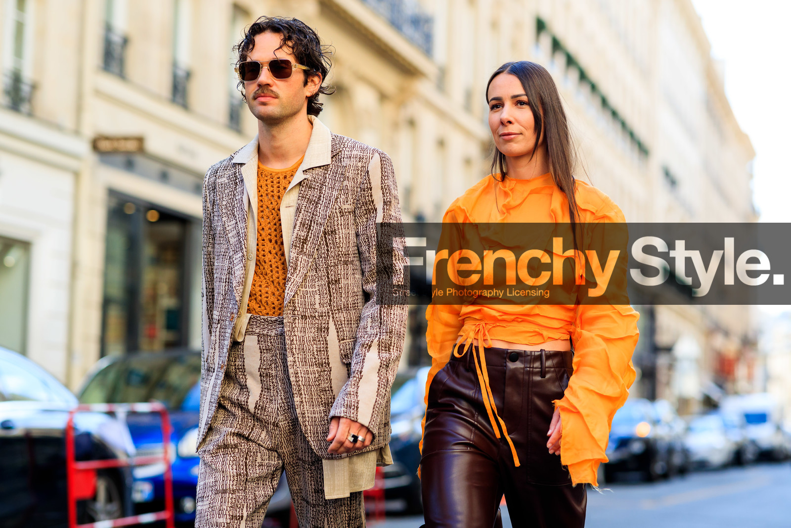 orange blouse, drape blouse, cropped blouse, silk blouse, burgundy leather pants, acne studios look, acne studios pants, acne studios blouse, acne studios jacket, orange top, fishnet top, monogrammed jacket, monogrammed pants, monogrammed look, beige jacket, beige pants, beige suits, printed jacket, printed pants, logo all over, logo printed jacket, logo printed pants, aviator sunglasses, sheer sunglasses, alice & j.s, alice barbier, JS roques, fashion week, frenchystyle, FW, jonathan paciullo, street style, PFW, PARIS, SPRING SUMMER 2022, SS 22, horizontal, atmosphere details, detail