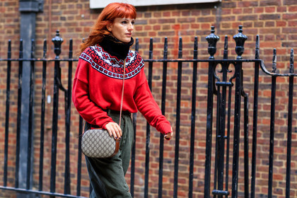 atmosphere details, beige bag, corduroy, detail, fashion week, fendi, frenchystyle, FW, graphic bag, green pants, gucci, horizontal, jonathan paciullo, leather bag, LFW, LONDON, monogram, printed bag, printed sweater, red sweater, sara moschini, SPRING SUMMER 2018, SS 18, street style