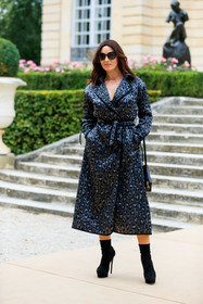 grey trench coat, belted trench coat, leopard pritned trench coat, black trench coat, black sunglasses, cartier clash necklace, cartier necklace, golden necklace, dior trench coat, dior sunglasses, jacket dress, black boots, black suede boots, low boots, high heels boots, platform shoes, platform boots, monica belluci, fashion week, frenchystyle, FW, jonathan paciullo, street style, PFW, PARIS, AUTUMN WINTER 2021-2022, FALL WINTER 2021-2022, FW 21-22, vertical, full length