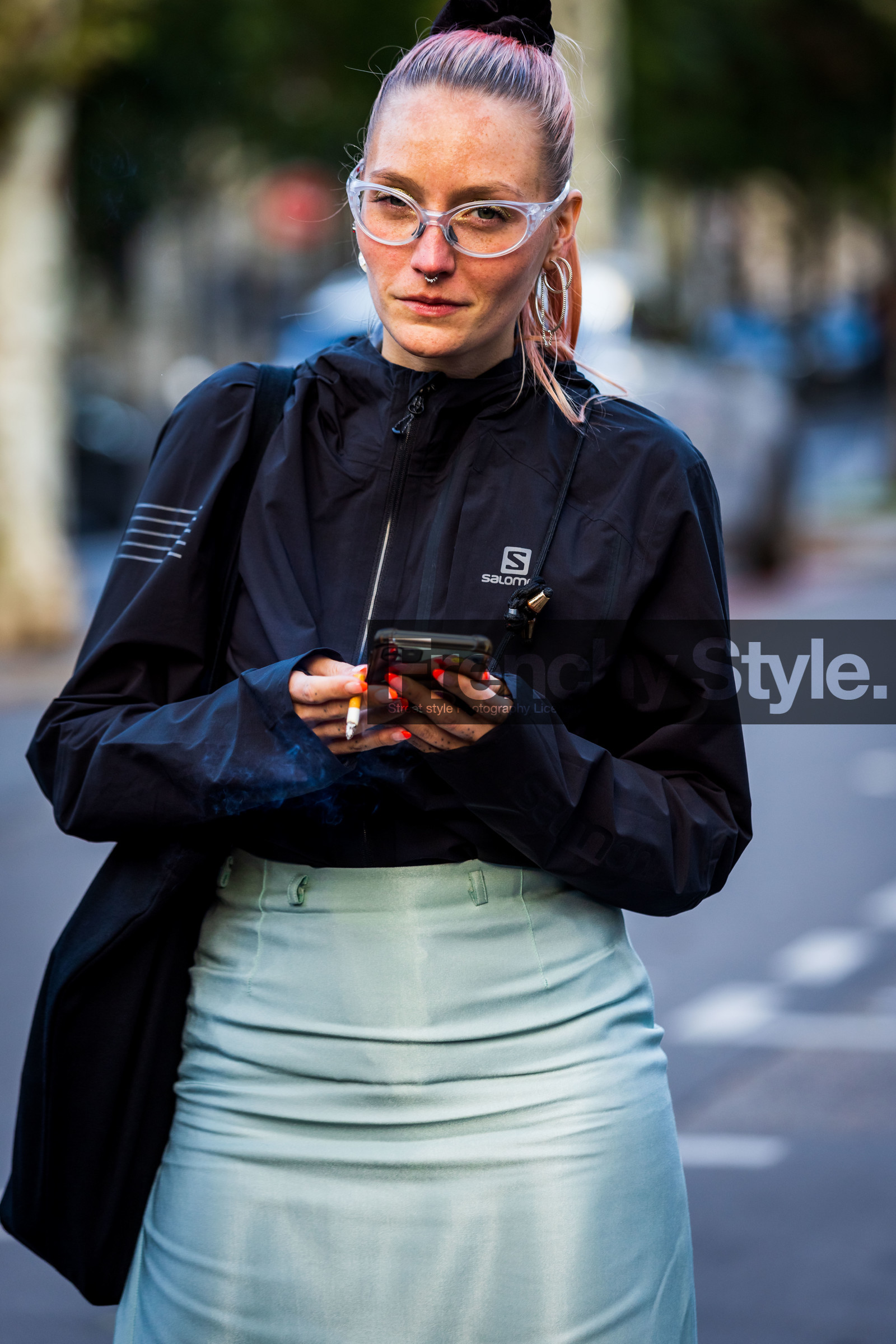 bag, black bag, black jacket, blue skirt, earrings, glasses, hoops, jacket, nail art, nylon jacket, pony tail, satin skirt, silver earrings, skirt, sport jacket, tote bag, transparent glasses, fashion week, frenchystyle, FW, jonathan paciullo, street style, PFW, PARIS, SPRING SUMMER 2022, SS 22, vertical, atmosphere details