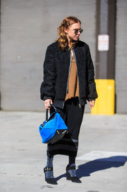 AUTUMN WINTER 2016-2017, AW 16-17, beige knit, black fur, black heels, black jacket, black shoes, black skirt, blue bag, courtney trop, fashion week, frenchystyle, full length, fur jacket, FW, FW 16-17, high heels, jonathan paciullo, leather bag, loewe, NEW YORK, NYFW, ray ban, shiny socks, street style, suede bag, suede shoes, sunglasses, teddy jacket, vertical, woman, wool skirt