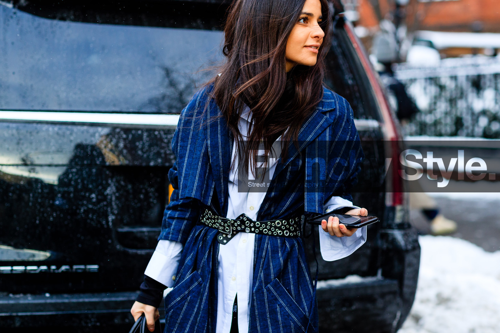 atmosphere details, AUTUMN WINTER 2017-2018, AW 17-18, black belt, black turtleneck, blue jacket, detail, FALL WINTER 2017-2018, fashion week, frenchystyle, FW, FW 17-18, graphic coat, graphic jacket, horizontal, iphone, jonathan paciullo, Lainy Hedaya, leather belt, navy coat, navy jacket, NEW YORK, NYFW, street style, striped coat, striped jacket, studs