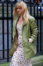 jeanette madsen, light green jacket, light green leather jacket, leather jacket, white dress, low necked dress, printed dress, fruits printed dress, red dress, bicolor dress, fashion week, frenchystyle, FW, jonathan paciullo, street style, LFW, LONDON, AUTUMN WINTER 2020-2021, FALL WINTER 2020-2021, FW 20-21, vertical, atmosphere details, detail