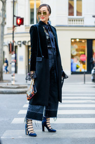 black coat, black denim, black shirt, black shoes, blue shoes, denim pants, embroidered shirt, high heels, jeans, jimmy choo, leather bag, leather shoes, multicolor bag, printed bag, see through, sequined shirt, stars, striped bag, sunglasses, trousers, velvet, fashion week, frenchystyle, FW, jonathan paciullo, street style, PFW, PARIS, SPRING SUMMER 2017, SS 17, HAUTE COUTURE, vertical, full length, Chriselle Lim