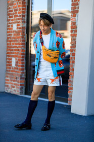 beret, black hat, black shoes, black socks, blue cardigan, embroidered sweater, fanny pack, fashion week, floral, flowers, frenchystyle, full length, FW, graphic bag, gucci, high socks, jonathan paciullo, leather bag, leather shoes, MFW, MILAN, orange bag, printed bag, printed shorts, printed sweater, SPRING SUMMER 2018, SS 18, street style, sunglasses, vertical, white shorts, white t shirt