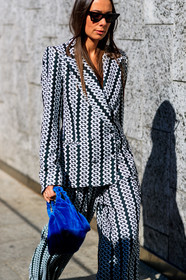alice & j.s, black and white, blazer, blue bag, graphic jacket, graphic pants, graphic suit, leather bag, printed jacket, printed pants, printed suit, sunglasses, trousers, velvet, MILAN, MFW, fashion week, frenchystyle, FW, jonathan paciullo, street style, AUTUMN WINTER 2019-2020, AW 19-20, FALL WINTER 2019-2020, FW 19-20, vertical, atmosphere details, detail